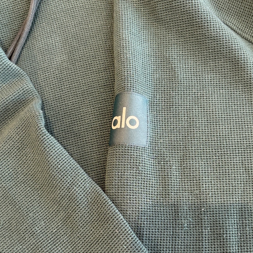 ALO Yoga Teal Green Waffle Knit Hoodie with White Logo